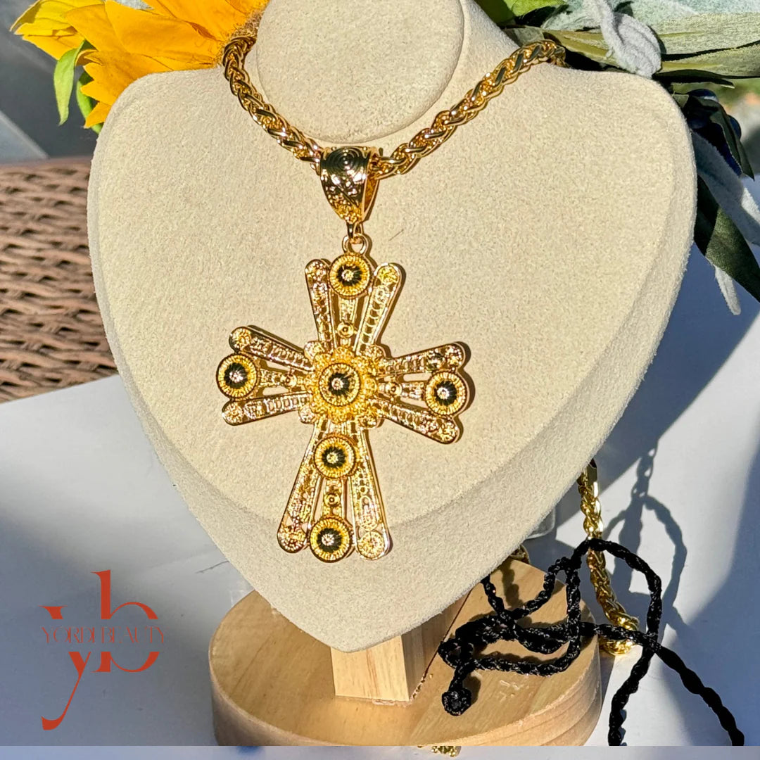 Ornate Cross Necklace with Black Accents